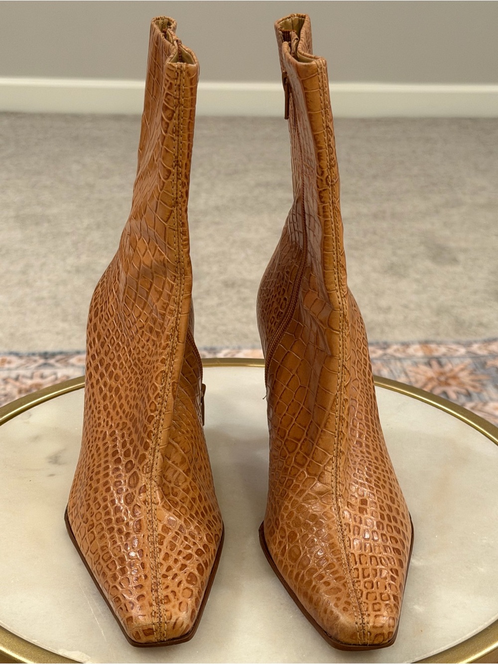 ANTONIO MELANI Tan Croc-Embossed Pointed Toe Ankle Boots - Picture 2 of 2